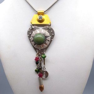 Unique Two Tone Collage Assemblage Pendant Necklace, Celestial Hearts and Stars